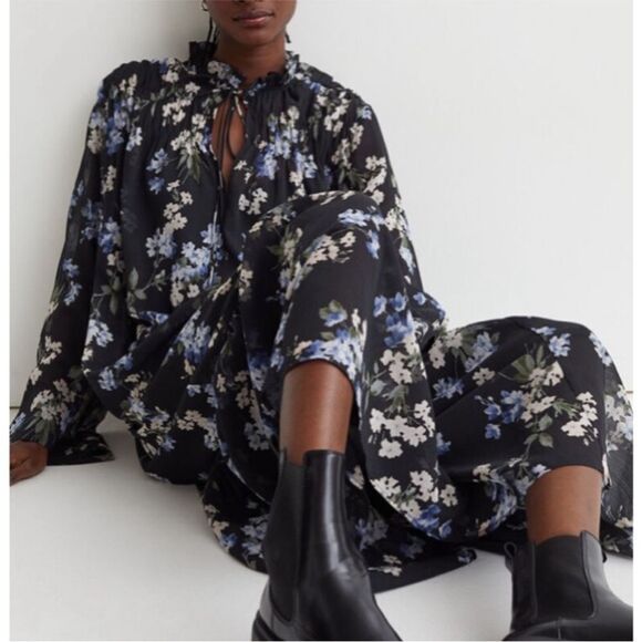 H&M Blogger Long Chiffon Dress Black Floral Large - Picture 4 of 14
